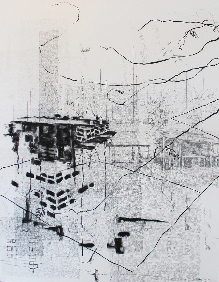 37,702 Steps to the Cutlers (NYC and East Hampton) Charcoal and graphite on wood, 62" x 48", 2011-2012
