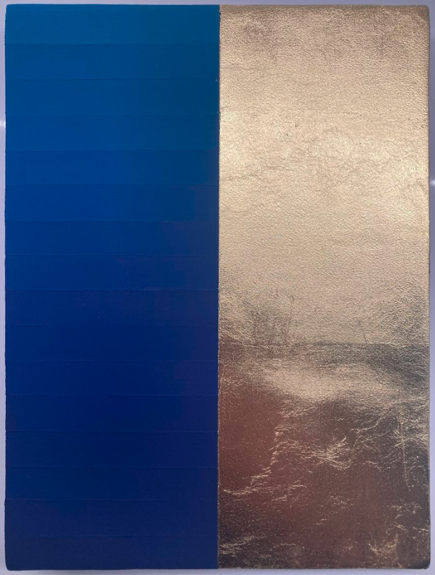 Periapt (Ions) (2023) Acrylic, Flashe, Mixed Media & 22k Gold Leaf on Linen on Panel, 8”x6”.
