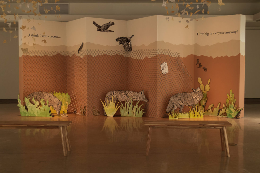 "I Think I Saw a Coyote (What does a coyote look like anyway?)," mixed-media, linocut and Riso, cut paper, plywood, paint, MDF, approximately 20 x 4 x 8 feet (dimensions variable), 2022