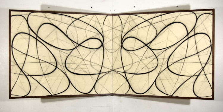 Expanding Symmetries III, 2022, charcoal on paper, 30.5 x 72.5 inches, (two-panel folding wall screen).
